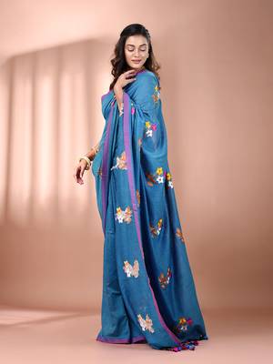 All over thread embroidery sapphire blue cotton handspun saree 2