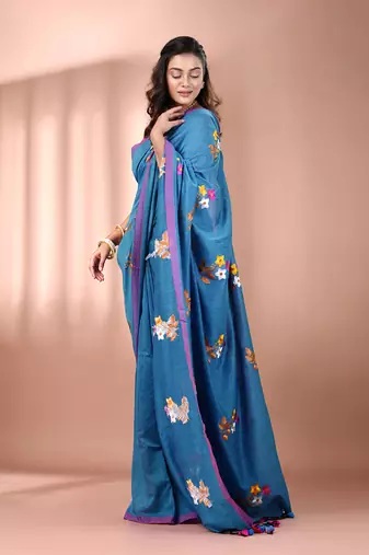 All over thread embroidery sapphire blue cotton handspun saree