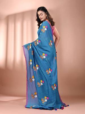 All over thread embroidery sapphire blue cotton handspun saree 3