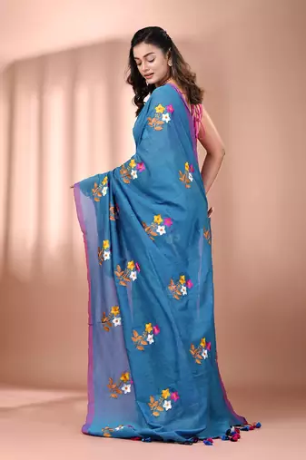 All over thread embroidery sapphire blue cotton handspun saree