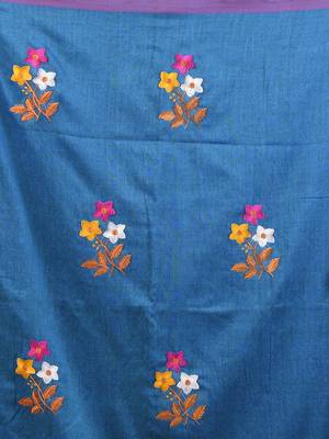All over thread embroidery sapphire blue cotton handspun saree 4