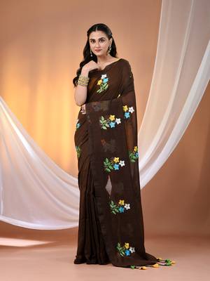 All over thread embroidery chocolate brown cotton handspun saree 1