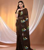 All over thread embroidery chocolate brown cotton handspun saree