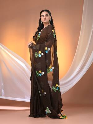 All over thread embroidery chocolate brown cotton handspun saree 2