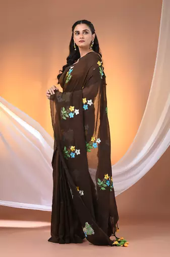 All over thread embroidery chocolate brown cotton handspun saree
