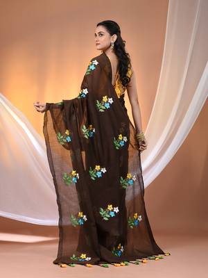 All over thread embroidery chocolate brown cotton handspun saree 3