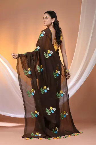 All over thread embroidery chocolate brown cotton handspun saree