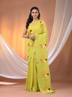 All over thread embroidery lime green cotton handspun saree 1