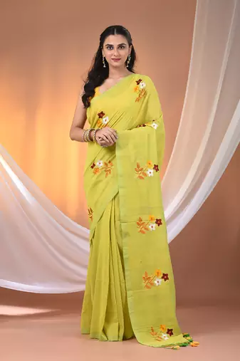 All over thread embroidery lime green cotton handspun saree