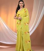 All over thread embroidery lime green cotton handspun saree