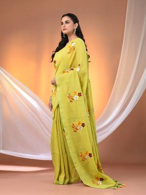 All over thread embroidery lime green cotton handspun saree 2