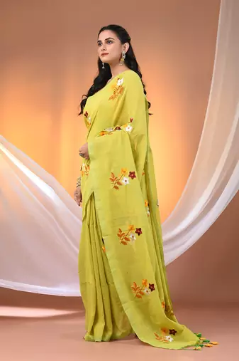 All over thread embroidery lime green cotton handspun saree