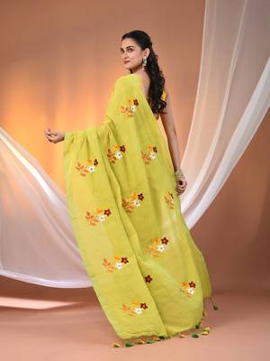 All over thread embroidery lime green cotton handspun saree 3