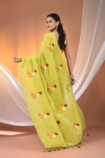 All over thread embroidery lime green cotton handspun saree