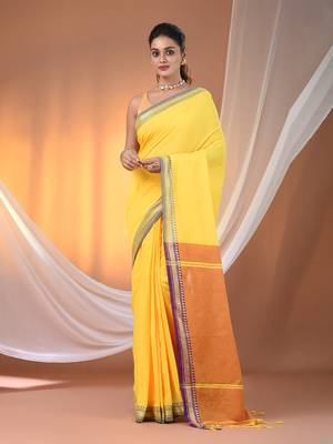 Yellow cotton handspun soft saree with texture borders 1