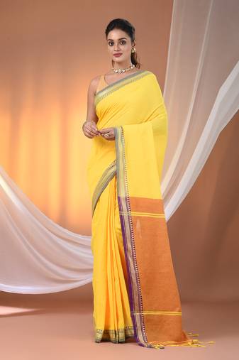 Yellow cotton handspun soft saree with texture borders