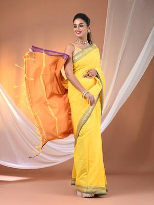 Yellow cotton handspun soft saree with texture borders 2