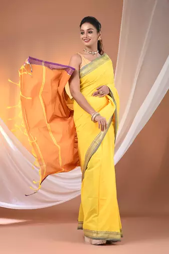 Yellow cotton handspun soft saree with texture borders