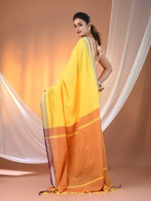 Yellow cotton handspun soft saree with texture borders 3