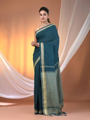 Teal cotton handspun soft saree with texture borders 1