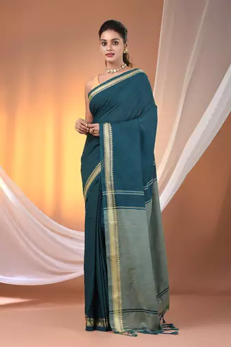 Teal cotton handspun soft saree with texture borders