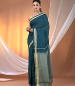 Teal cotton handspun soft saree with texture borders