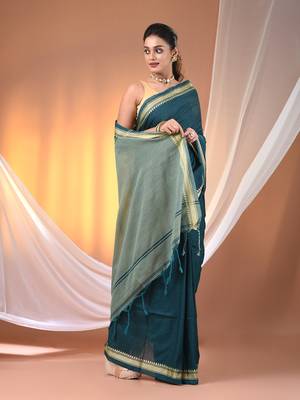 Teal cotton handspun soft saree with texture borders 2