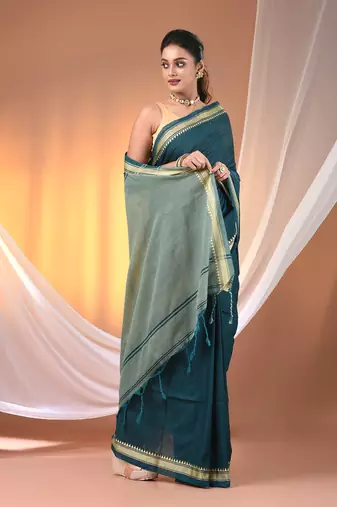 Teal cotton handspun soft saree with texture borders