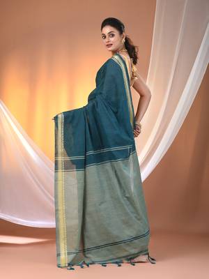 Teal cotton handspun soft saree with texture borders 3