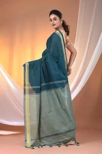 Teal cotton handspun soft saree with texture borders