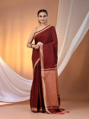 Maroon cotton handspun soft saree with texture borders 1