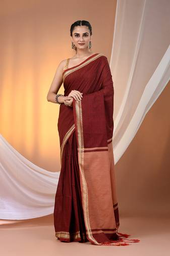 Maroon cotton handspun soft saree with texture borders