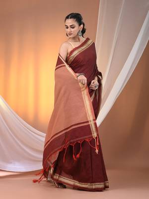Maroon cotton handspun soft saree with texture borders 2
