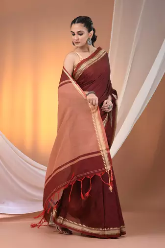 Maroon cotton handspun soft saree with texture borders
