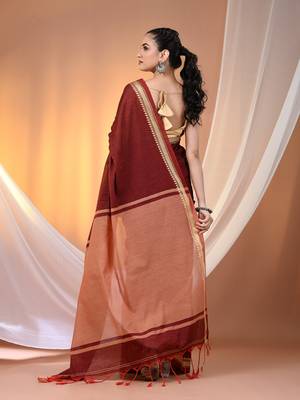 Maroon cotton handspun soft saree with texture borders 3