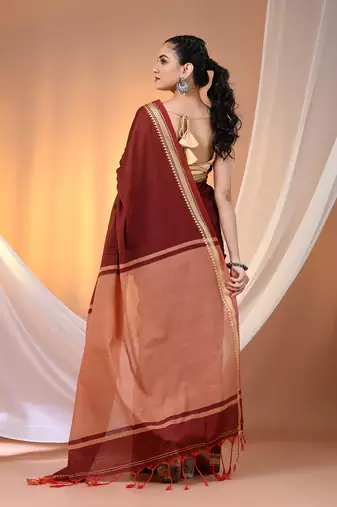 Maroon cotton handspun soft saree with texture borders