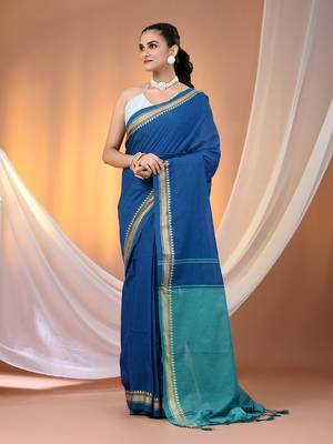 Sapphire blue cotton handspun soft saree with texture borders 1