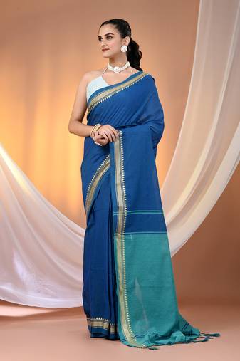 Sapphire blue cotton handspun soft saree with texture borders