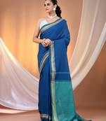 Sapphire blue cotton handspun soft saree with texture borders