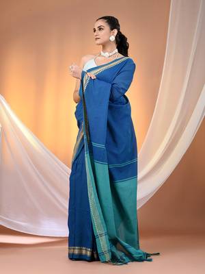 Sapphire blue cotton handspun soft saree with texture borders 2