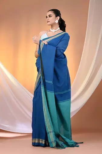 Sapphire blue cotton handspun soft saree with texture borders