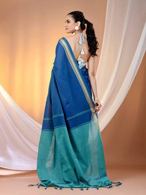 Sapphire blue cotton handspun soft saree with texture borders 3