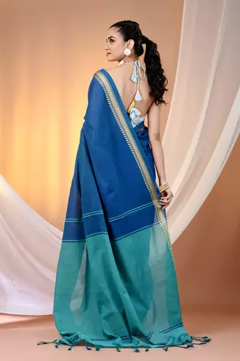 Sapphire blue cotton handspun soft saree with texture borders