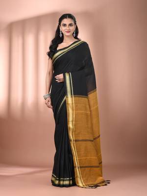 Black cotton handspun soft saree with texture borders 1