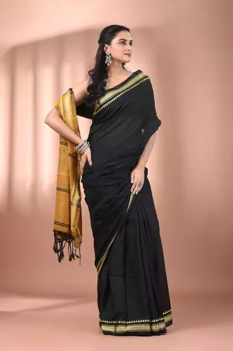 Black cotton handspun soft saree with texture borders