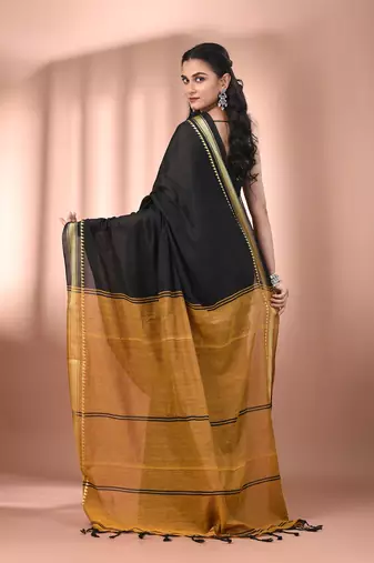 Black cotton handspun soft saree with texture borders