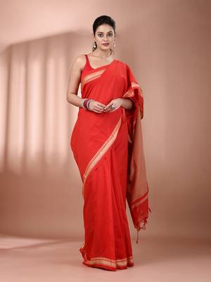 Red cotton handspun soft saree with texture borders 1