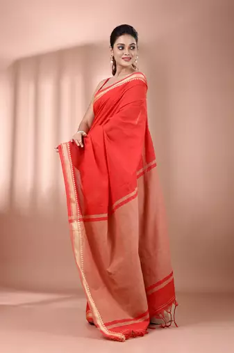Red cotton handspun soft saree with texture borders