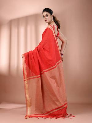 Red cotton handspun soft saree with texture borders 3