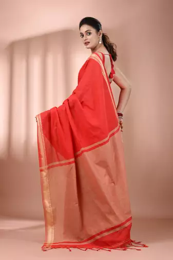 Red cotton handspun soft saree with texture borders
